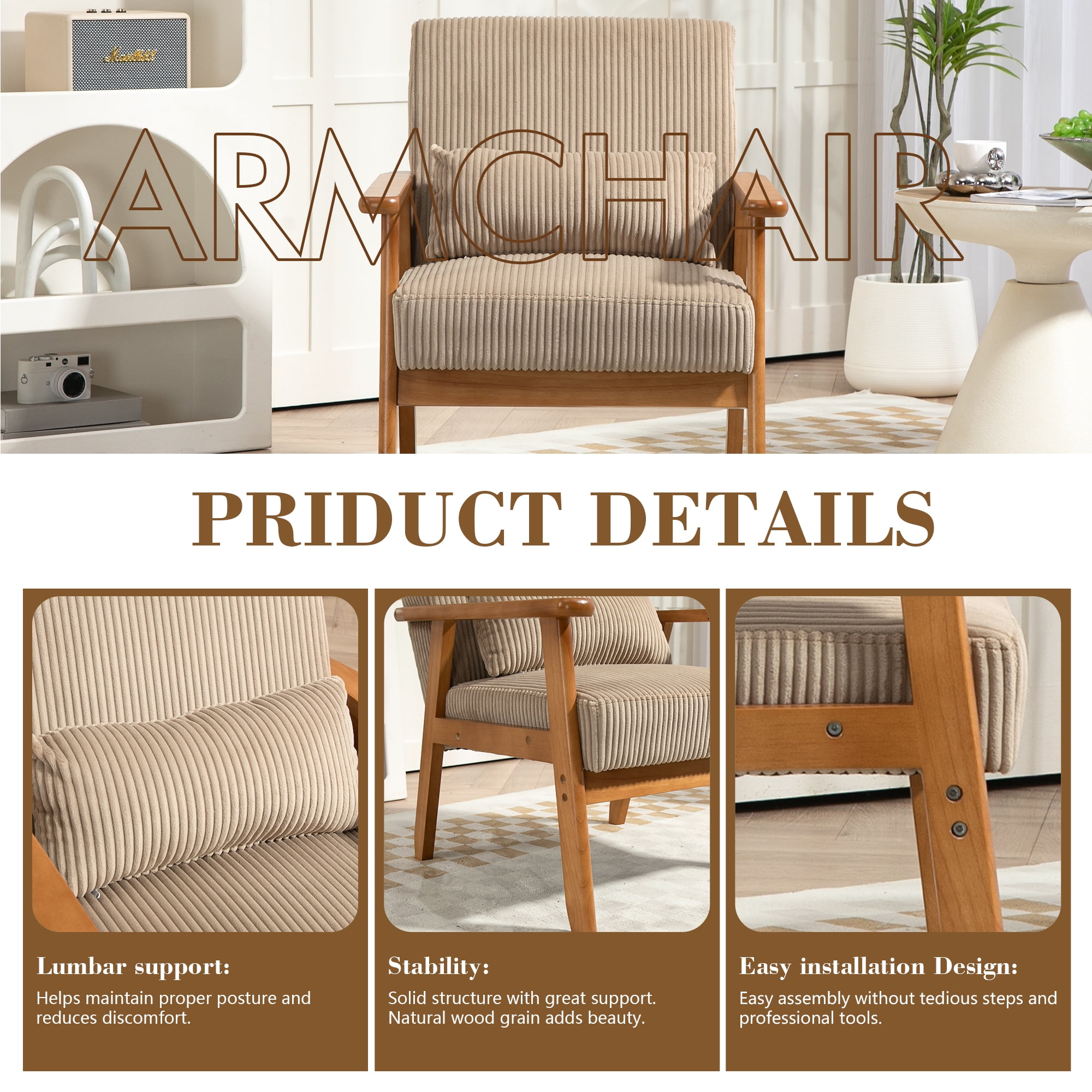 Miniyam Set of 2 Corduroy Mid-Century Modern Accent Chair,Leisure Chair with Solid Wood Armrest and Feet,Living Room Reading Chair,Camel