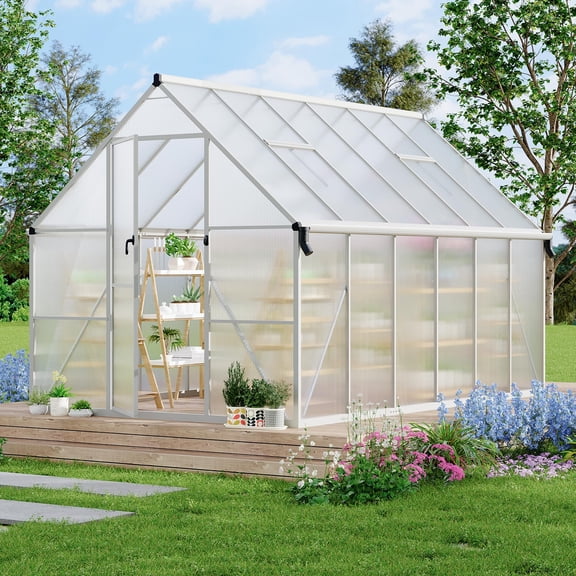 8X12FT Aluminum-Framed Polycarbonate Greenhouse, Quick Setup Structure and Roof Vent, Large Enhanced Aluminum Greenhouses Kit for Outdoors,Silver