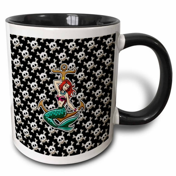 3drose, Pretty Mermaid and Anchor on Jolly Roger Skull and Crossbones, 11oz Two-tone Black Mug