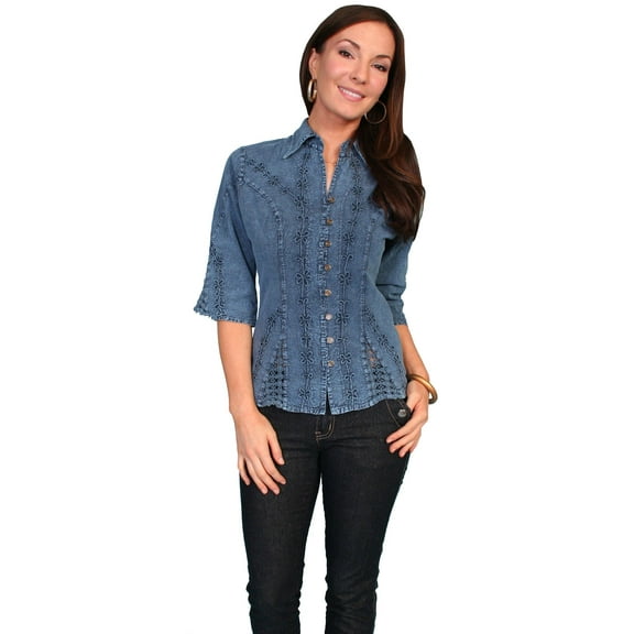Scully Western Shirt Women 3/4 Sleeve Button L Dark Blue F0_PSL-064