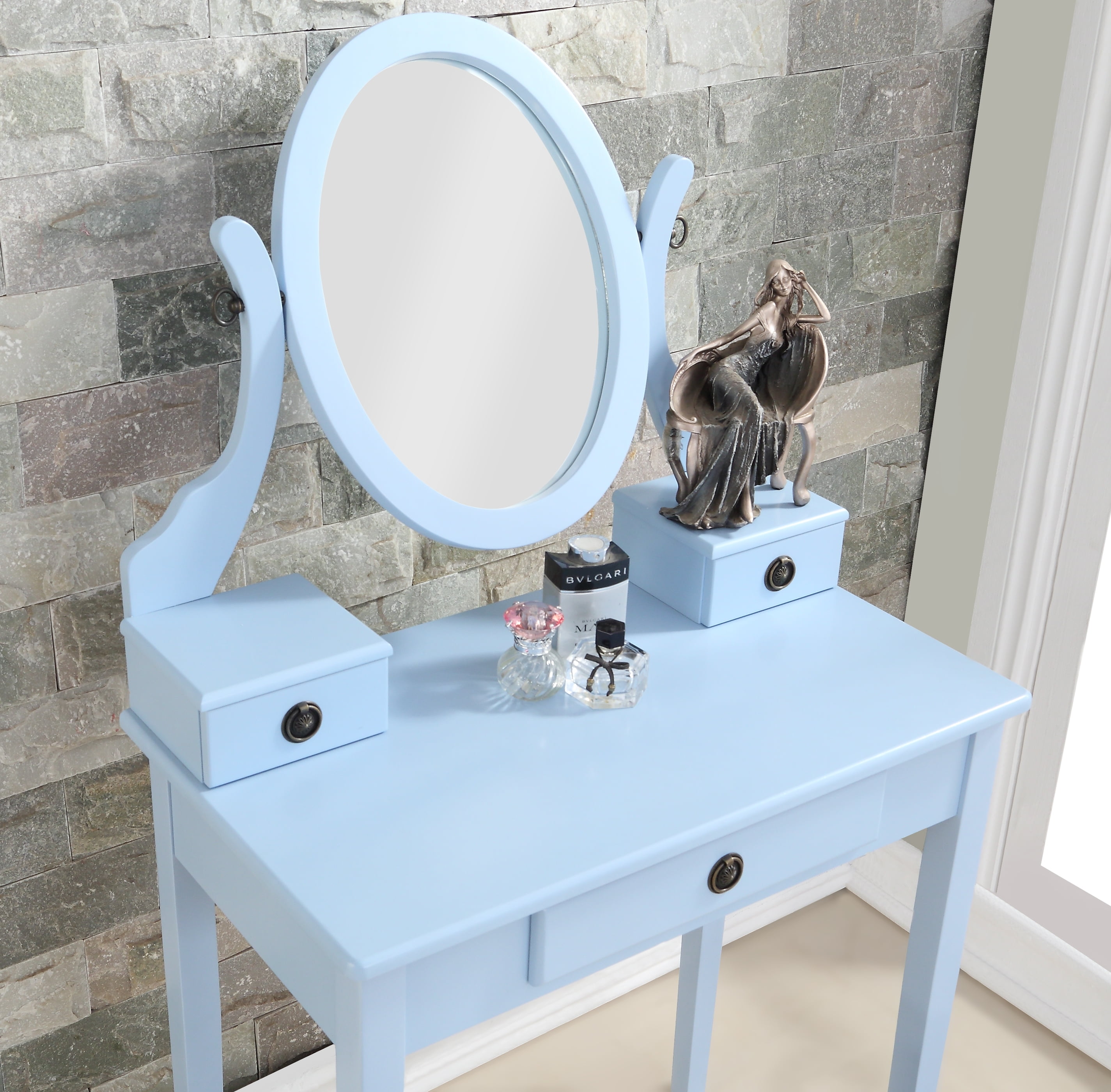 Mintazer Vanity Table Set with Adjustable Oval Mirror & Cushioned Stool, Makeup Dressing Table with 3 Drawer for Bedroom, Blue