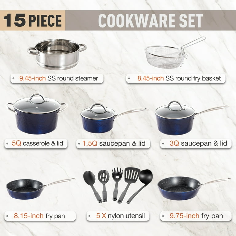 MF Studio 15 Piece Nonstick Kitchen Cookware Sets - Granite