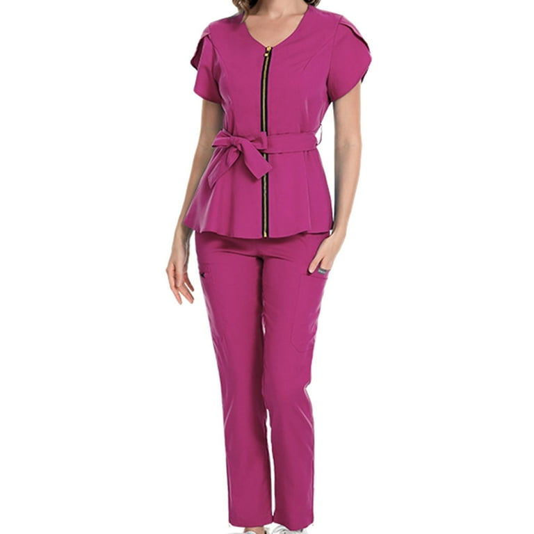 Nursing Scrubs Sets Accessories Nurse Tops Pants Set for Female Workers SPA  M Size Dark Pink 