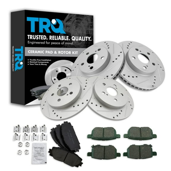 TRQ Front and Rear Performance Brake Pad & Rotor Kit Brake Pads Brake Rotors Set Ceramic Premium G-Coated Fits Select 2011-2013 Lexus CT200h 2010-2011 Toyota Prius 2012-2015 Prius Plug-In