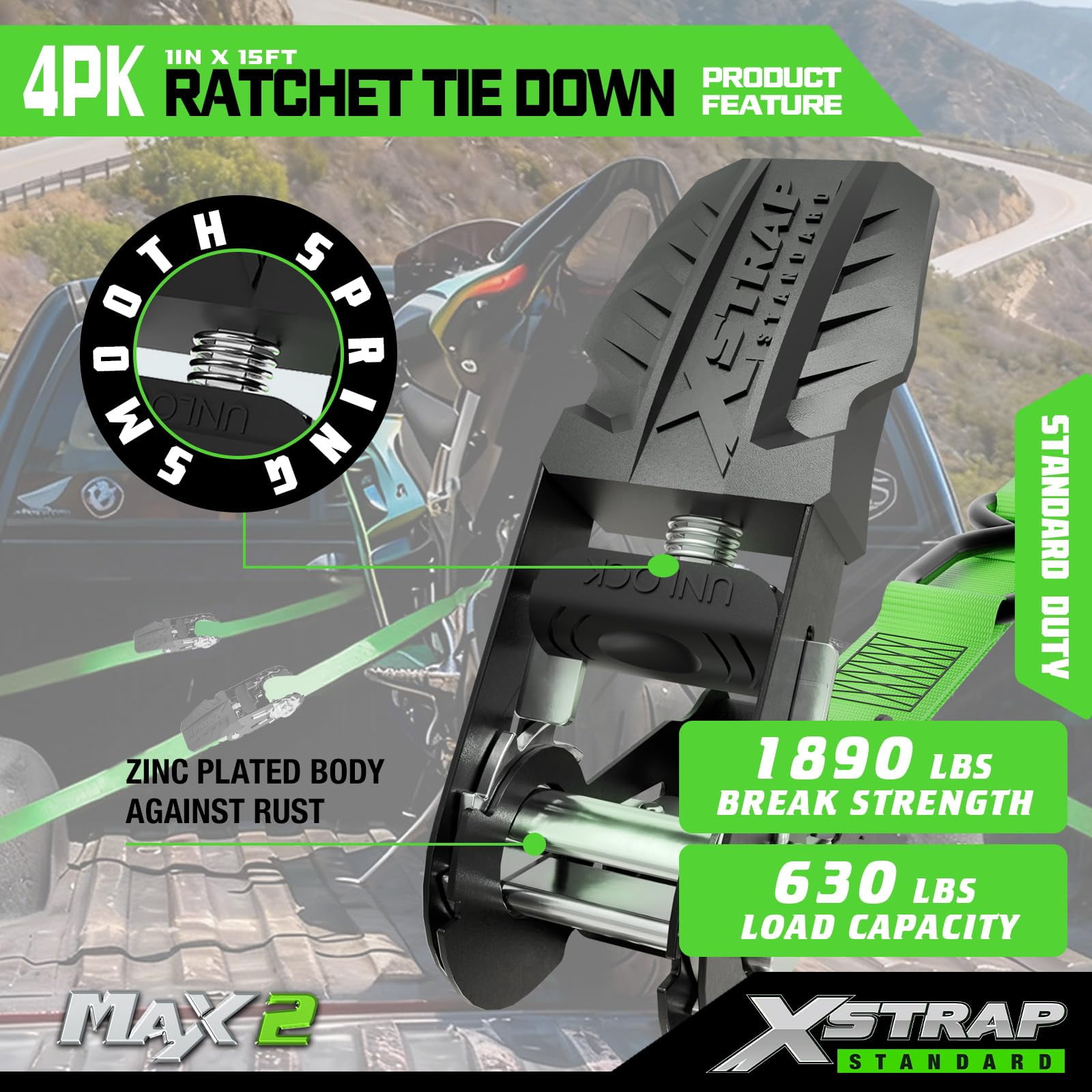 XSTRAP STANDARD Ratchet Tie Down Straps - 4 Pk - 1'' x 15 Ft 1890 Lbs Break Strength-Cargo Straps with Integrated Soft Loops, Truck (Green)