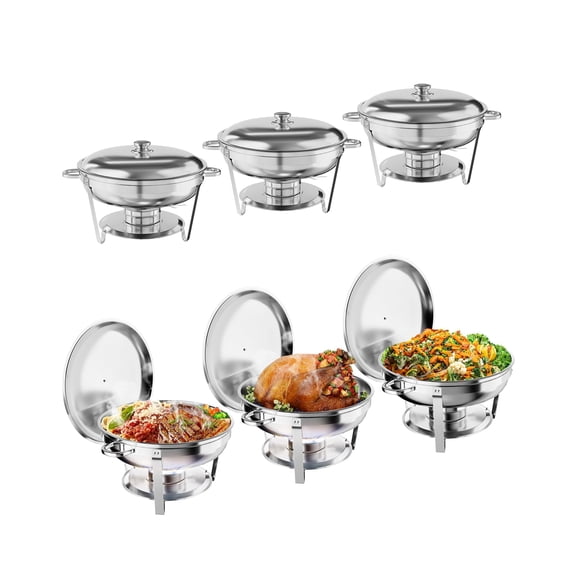 Garvee 6-Pack Round Chafing Dish Buffet Set, 5QT Stainless Steel Food Warmers, Complete 6-Piece Server with Water and Food Pans, Lid, Frame for Catering, Parties, Events