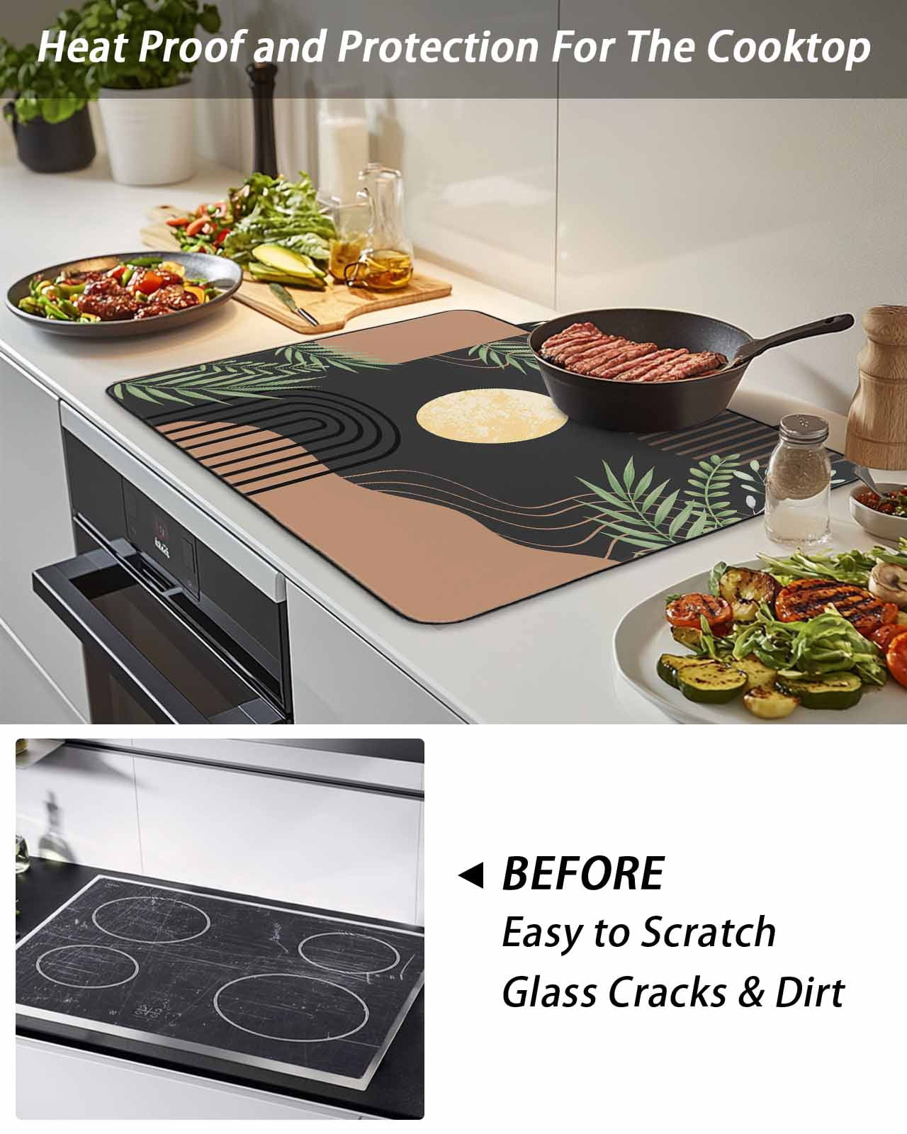 Stove Top Covers for Electric Stove, Boho Black Glass Stovetop Cover Protector, Brown Modern Stripes Moon Abstract Leaf Induction Cooktop Protector Oven Mat for Kitchen Countertop 24"x21"