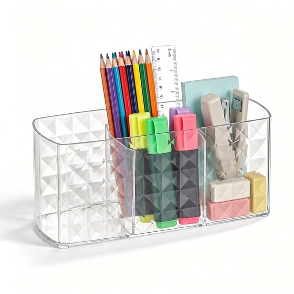 SAYEEC Clear Acrylic Desktop Organizer, 3-Compartment Diamond Pattern Storage Caddy for Pens, Office&Brushes