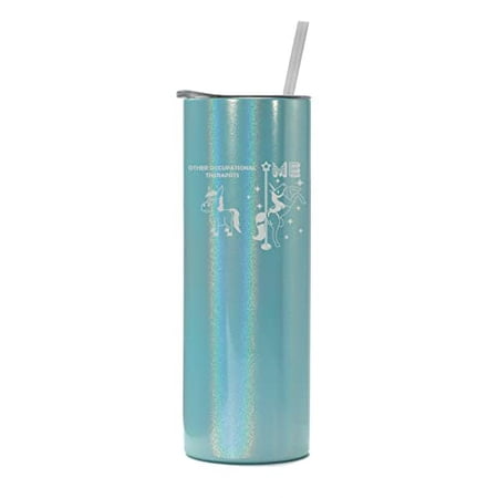 

20 oz Skinny Tall Tumbler Stainless Steel Vacuum Insulated Travel Mug Cup With Straw Occupational Therapist Superstar Unicorn Funny (Light Blue Iridescent Glitter)