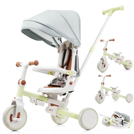 KEHOMY 7 in 1 Baby Tricycle, Foldable Toddler Tricycle with Removable and Adjustable Parent Handle, Toddler Push Bike with Removable Pedal, Canopy, and Guardrail, Tricycle for 12-72 Months, Green