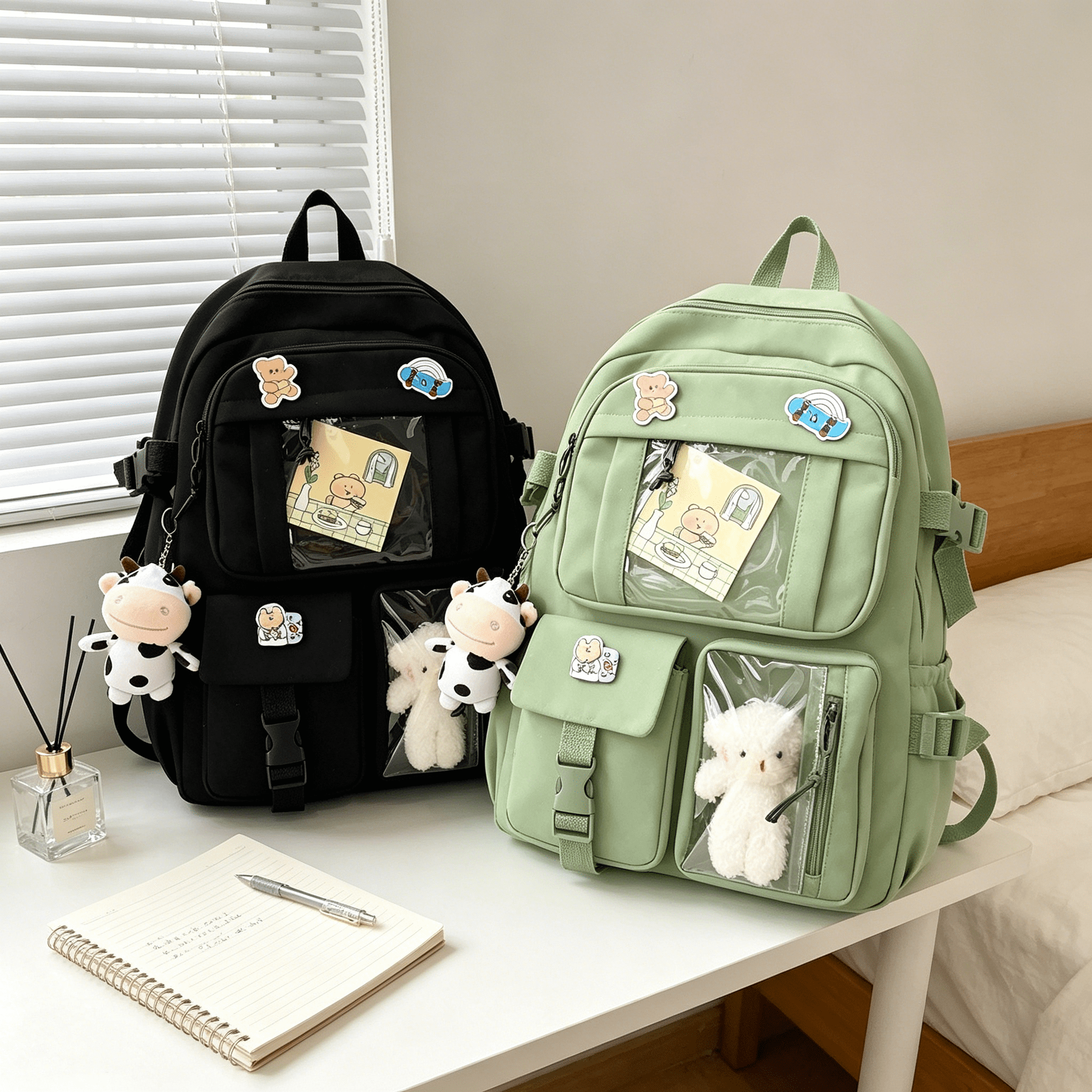 GASTROPOD 2026 New Kawaii Cute Bear Backpack with Cow Pendant & Pins - Back to School Supplies Student Animal Japanese Anime Bag Daypack for School, Travel, Outing, Casual Use