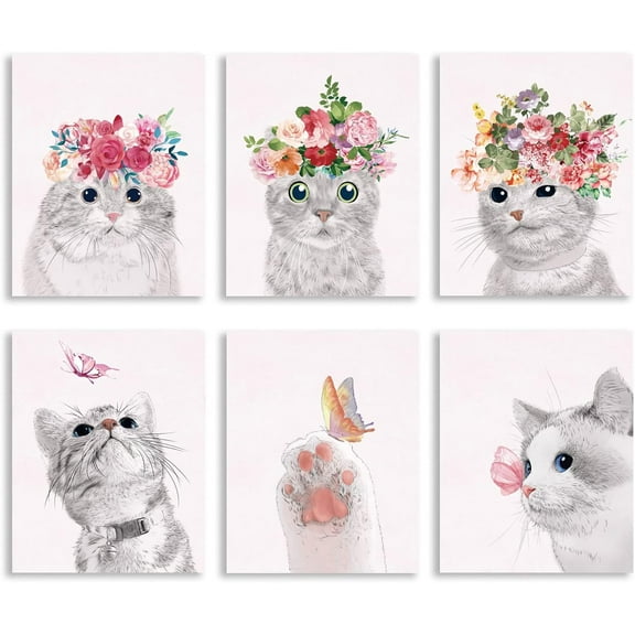 6 Pieces Cat Butterfly Unframed Canvas Wall Art Butterfly Bathroom Picture Decor Posters Wearing Flower Butterflies Band Cute Animals Canvas Print Artwork Wall Decor for Kids Bedroom colorful