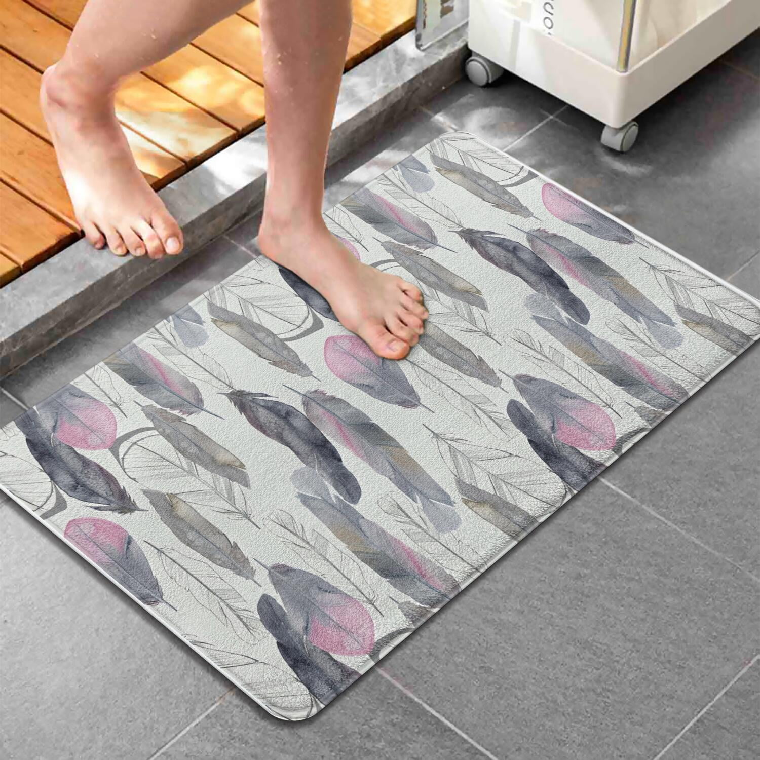 Pink and Grey Watercolor Feather Pattern Bathroom Rugs Mat,Non Slip Microfiber Bathroom Rug,Rubber Backing,Soft Bathroom Mats for Bathroom Floor,Tub and Shower,20x32in(50x80cm)