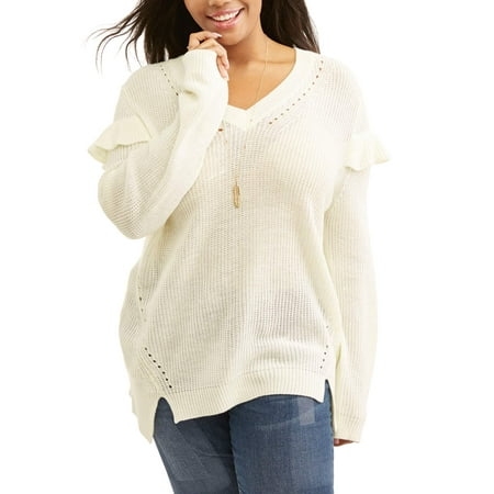 Juniors' Plus V- Neck Ruffle Pull Over Sweater