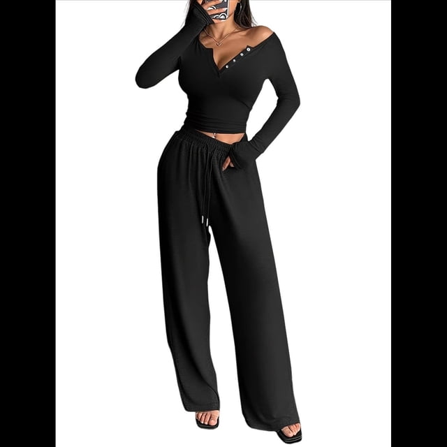 Conjuntos de Dos Piezas de Otoño para Mujer, Camiseta de Larga con Cuello en V y Pantalones Anchos, Conjuntos de Chándal Informal. Negro L