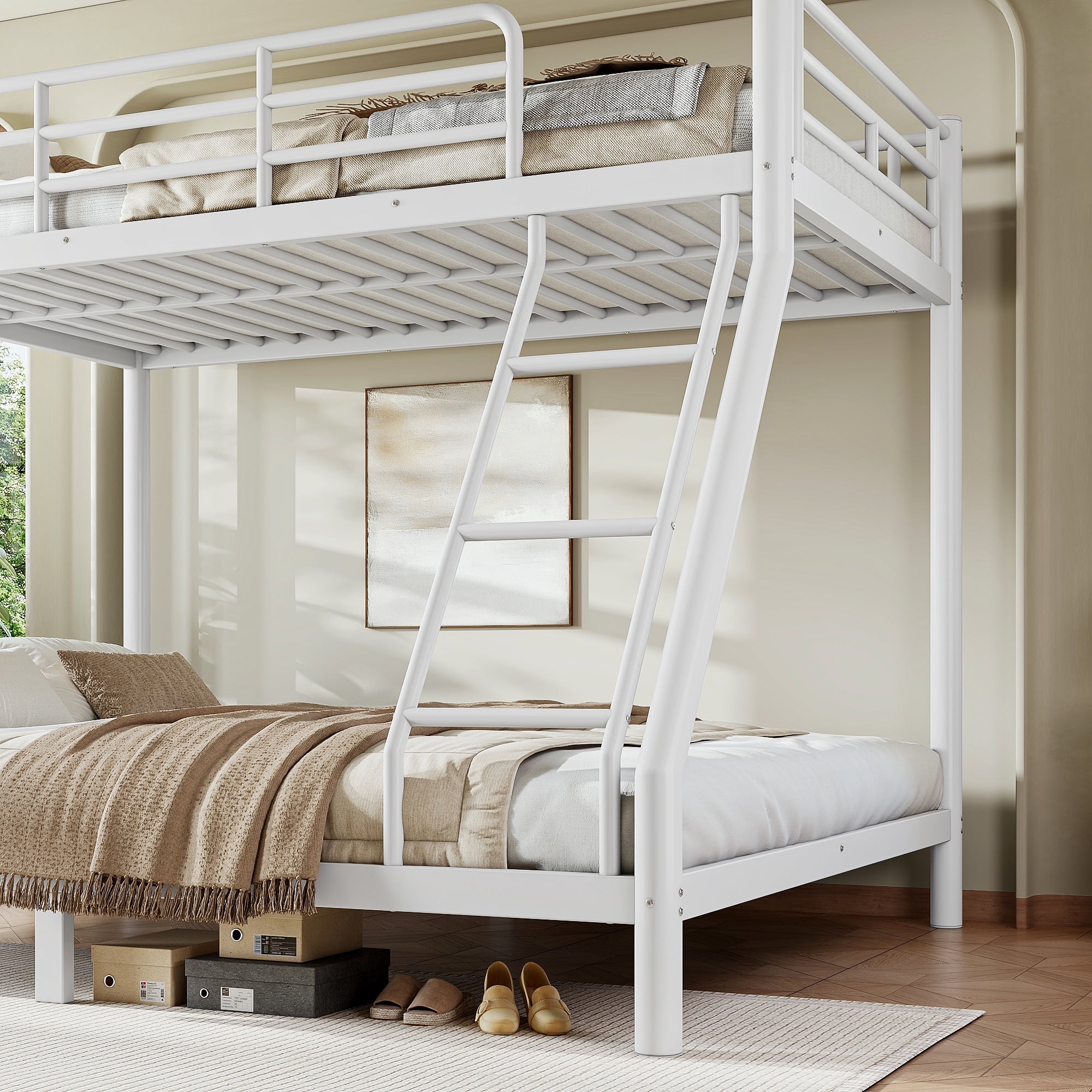 GARITIN Twin XL Over Queen Size Metal Bunk Bed 82.4 Inch, Bunk Bed Frame with Ladder and Guardrails for Teens Adults, White