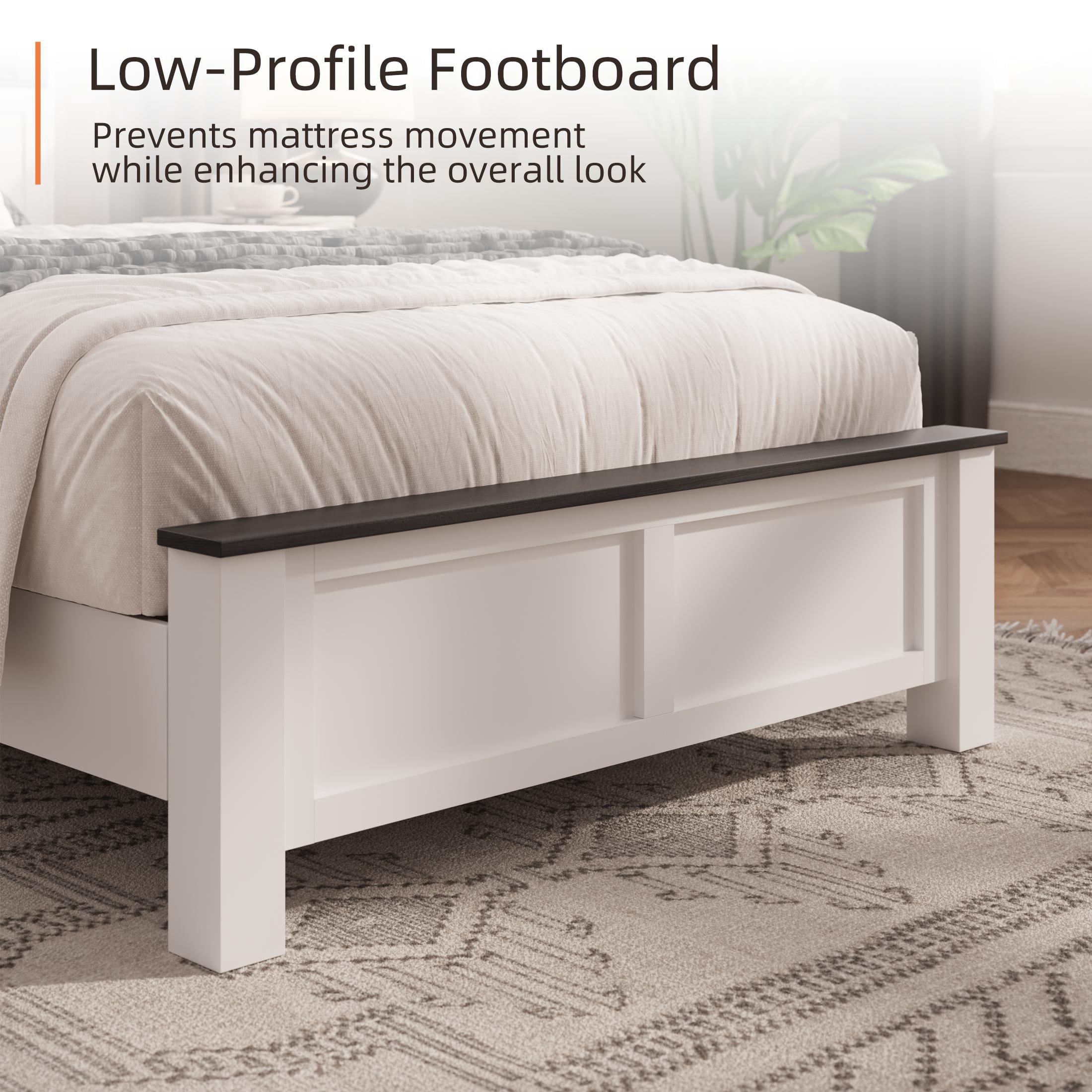 PAPROOS Twin Bed Frame with Charging Station and LED Light, Twin Size wood Platform Bed with Headboard and Footboard, No Box Spring Needed, White&Black
