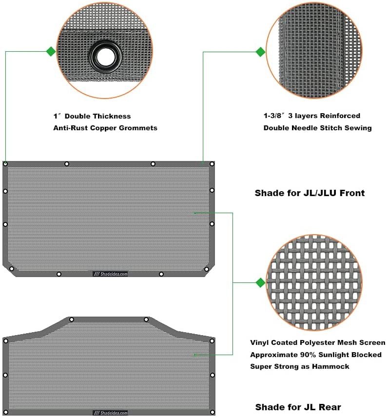 Shadeidea JL Sun Shade for Jeep Wrangler 2 Door Top Sunshade ( 2018 - Current ), Front & Rear - Gray Mesh Screen Wrangler Cover, UV Blocker with Grab Bag Pouch - 10 Years Warranty