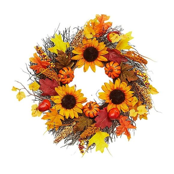 20 Inch Autumn Sunflower Thanksgiving Wreath Front Door Decoration With Pumpkins Maple Leaves Berries