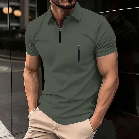 Men's Casual Shirts Solid Color Short Sleeve Quick Dry Polos Moisture Wicking Stretch Performance Zip Golf Shirt