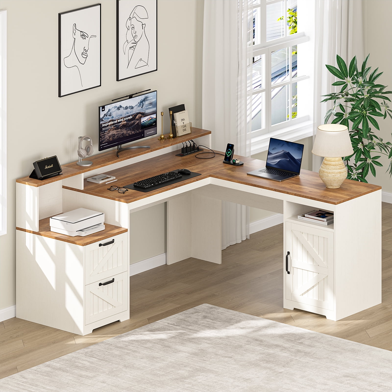 63" Farmhouse L Shaped Executive Desk with Drawers & Storage Shelf, Corner Computer Desk with Power Outlets, L Shaped Office Desk with Monitor Stand, Printer Shelf, Antique White