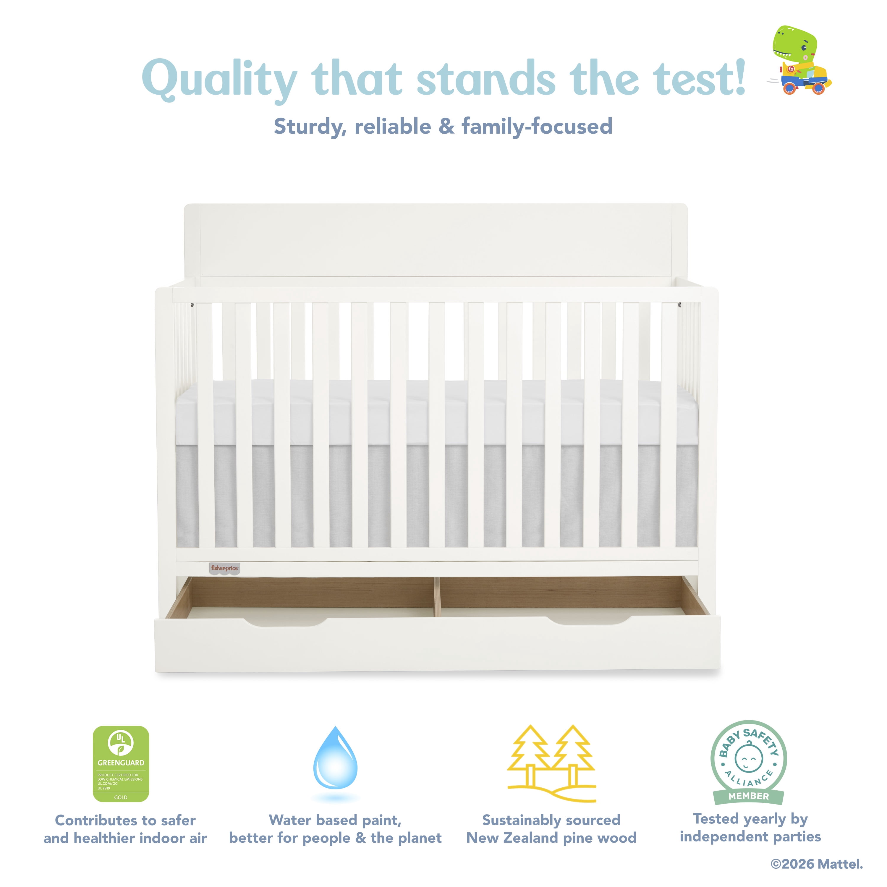 Fisher-Price Meadowbrook 4-in-1 Convertible Baby Crib with Drawer by Dream On Me, Cannoli Cream
