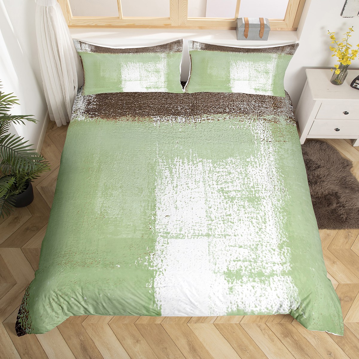 YST Green Watercolor Bedding Sets King Gray Tie Dye Comforter Cover