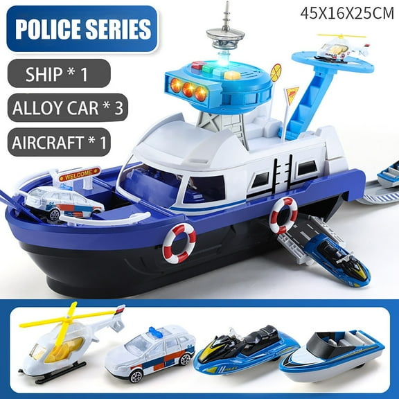 ‌Interactive Toy Ship Set with Lights Sounds 3 Alloy Cars and Airplane Transportation Learning Toy for Kids Ages 3 6‌