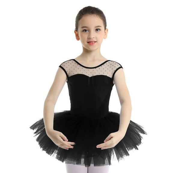 TiaoBug Kids Girls Mesh Spliced Ballet Tutu Dress Cutout Back Gymnastics Skirted Leotard Ballerina Dancewear Black 8