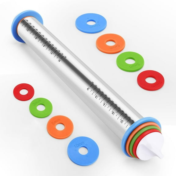 RUseeN 17" Rolling Pins with Adjustable Thickness Rings, Stainless Steel Dough Roller for Baking Fondant, Pizza, Pie, Pastry, Pasta, Cookies