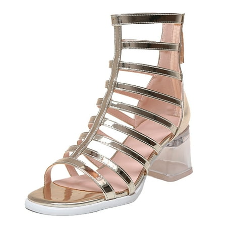 OJSFQUFP Sandals Women Dressy Summer Sandals Round Toe Thick Heel High Heels Women Back Zipper Fashion Hollow Out Sandals Women s Sandals Slipper Shoes Gold 39