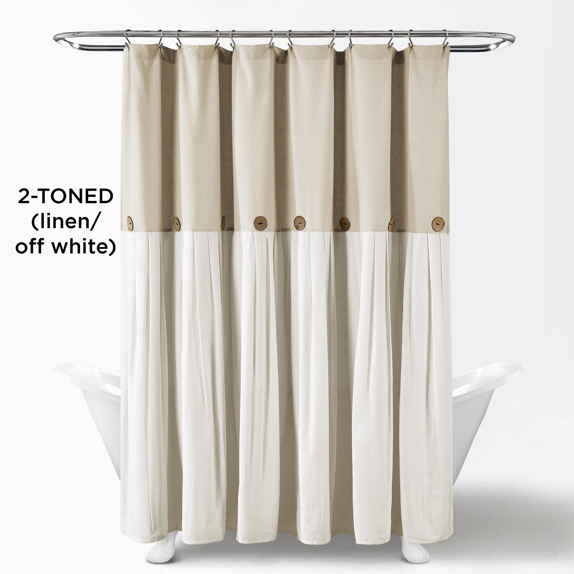 Lush Decor Linen Button Farmhouse Chic Solid Color with Pleats and Button Embellishments Cotton Blend Shower Curtain, Dark Linen, 72"L x 72"W, Single