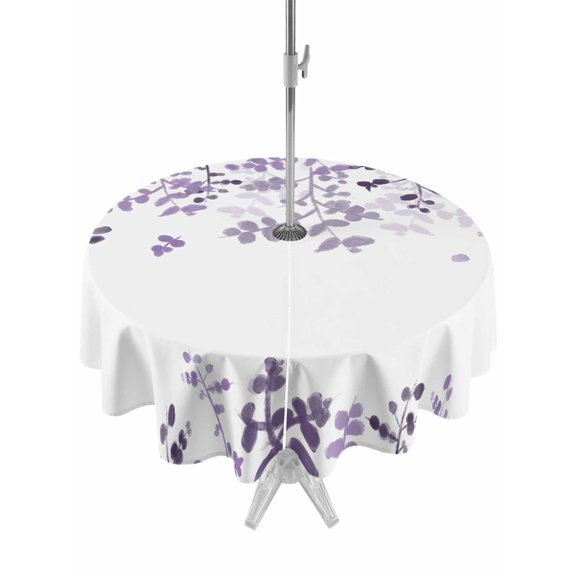 Outdoor Tablecloth with Umbrella Hole for Patio/Picnic/Party/Camping, Purple Leaves Waterproof Table Cloth Round Cover Washable, Summer Botanical (Dia 54")