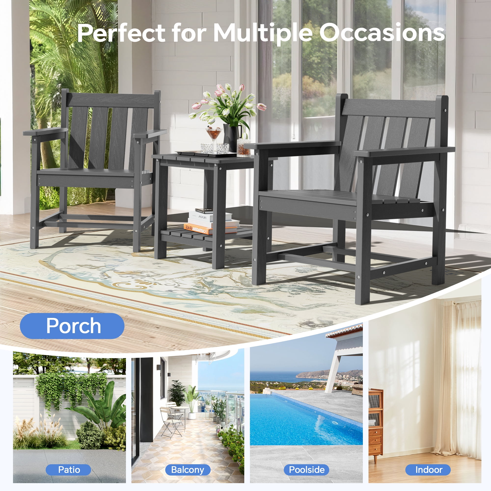SERWALL 3 Piece Patio Furniture Set,HDPE Outdoor Bistro Set with Coffee Table and Chair for the Patio,Gray
