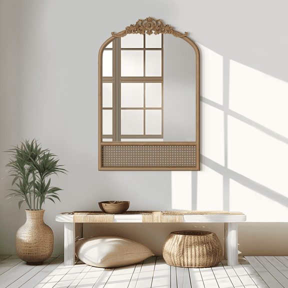 MAYEERTY 36"x 24"Arch Rattan Wood Mirror with Carved Design, Brown