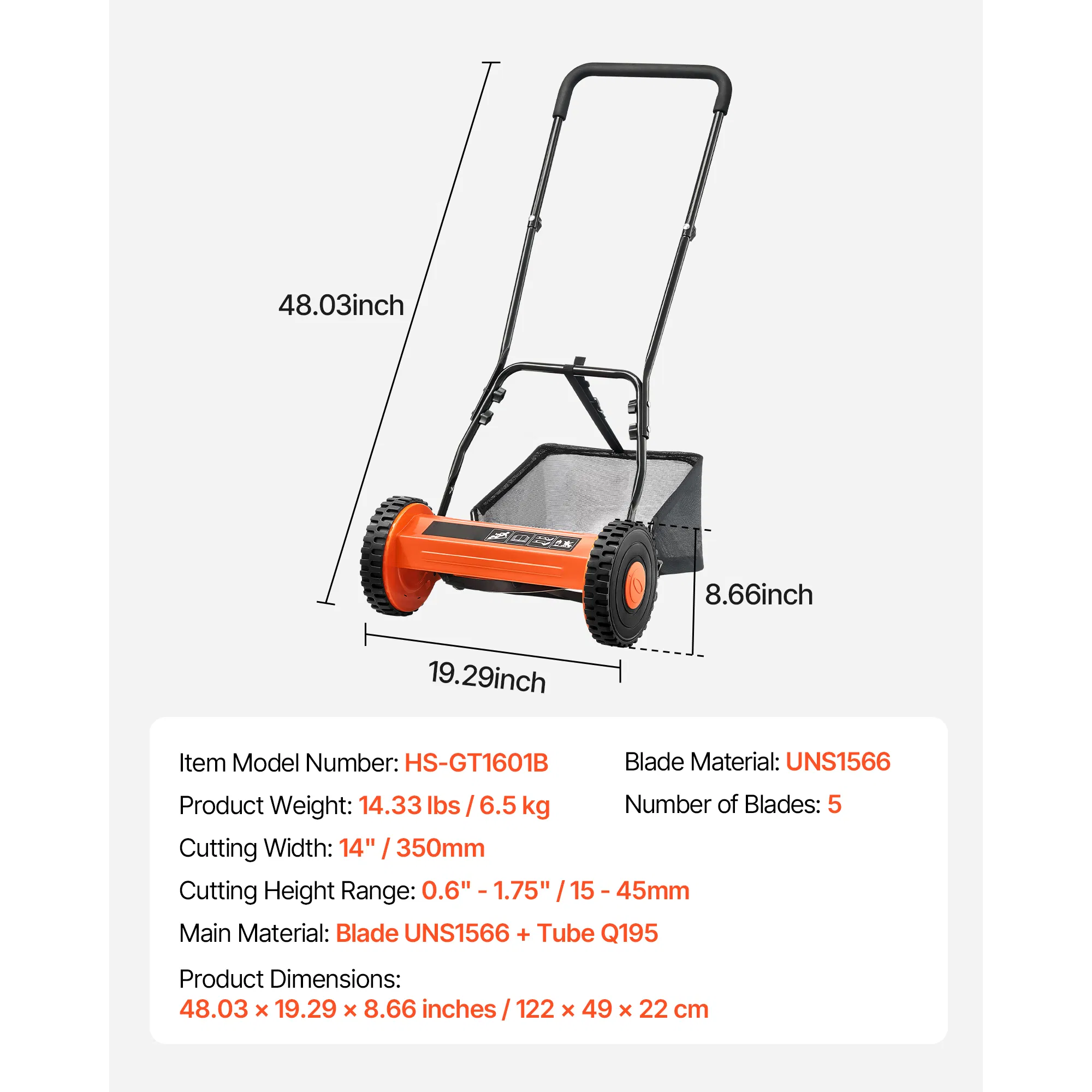 14-Inch Push Reel Lawn Mower with 5 Blades,Manual Walk-Behind Design,Adjustable Cutting Height 0.6-1.75 Inches,Grass Catcher Bag for Lawns and Courtyards