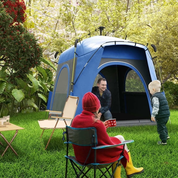 Resenkos 4 Person Pop Up Camping Tent, Quick Setup Automatic Hydraulic Family Travel Tent with Windows, Doors and Carry Bag, Blue