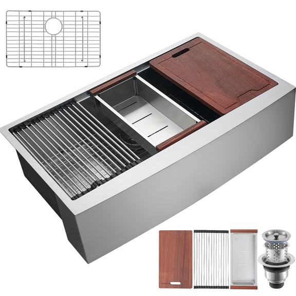 33 Inch Topmount Farmhouse Sink, 304 Stainless Steel Single Bowl Kitchen Sink with Drainboard, Perfect for Prep Stations and Dishwashing