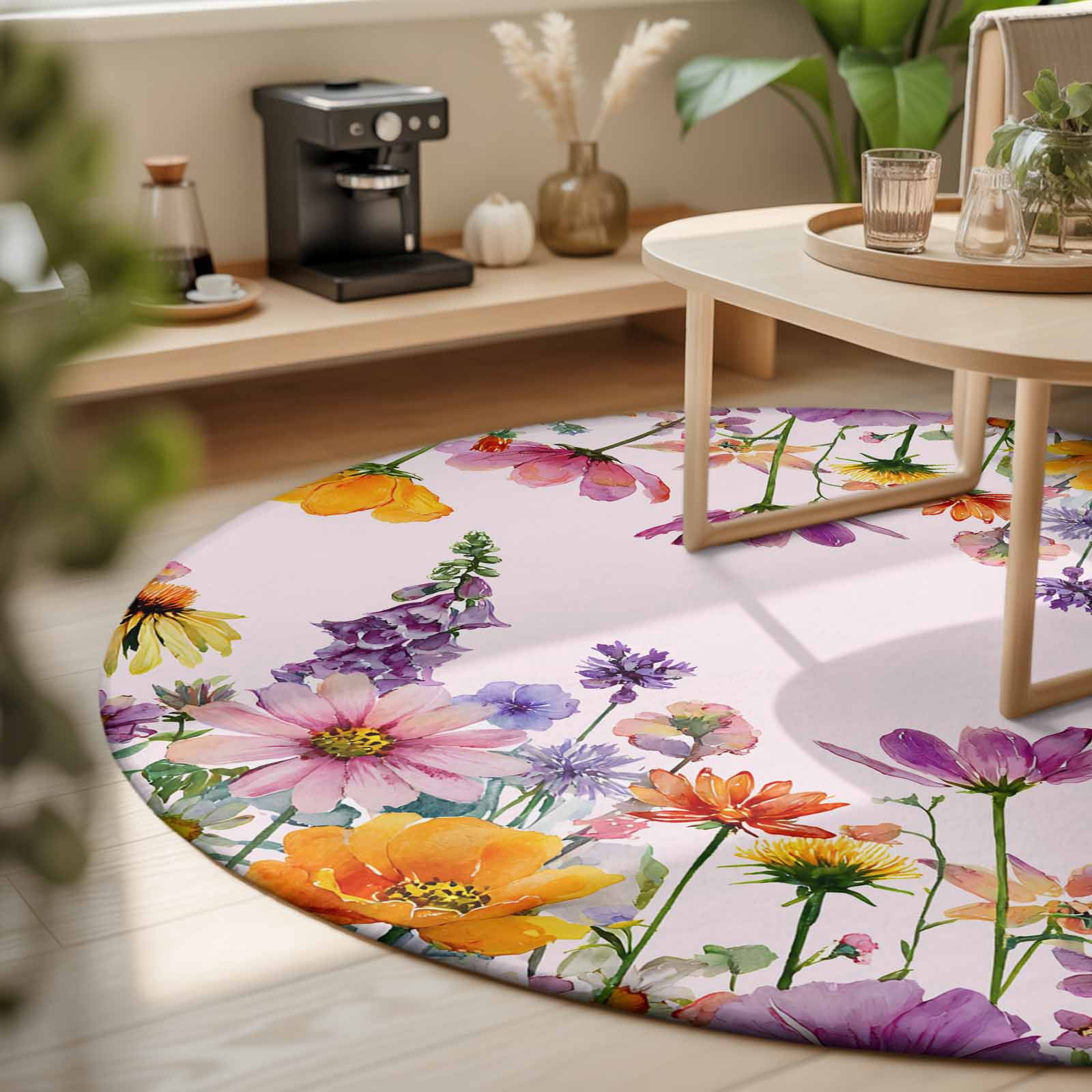 Round Area Rugs 6Ft, Pink Spring Floral Non-Slip Washable Circle Rugs Carpet, Elegant Pastoral Flowers Daisy Indoor Outdoor Rug Floor Mats Throw Runner for Bedroom Living Room Bathroom