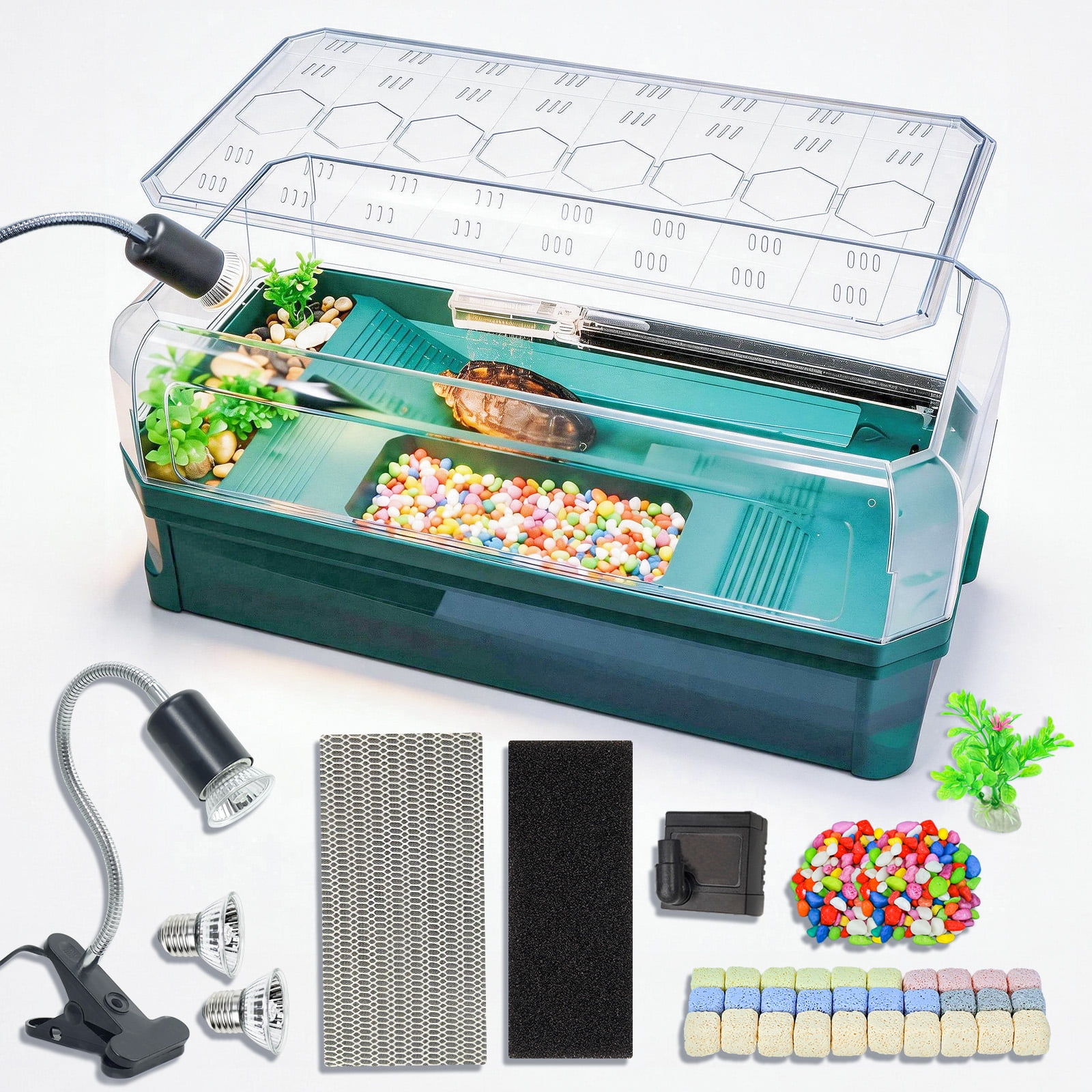 Turtle Tank Kit with 3-Stage Filtration, Basking Platform & Heat Lamp - Turtle Aquarium Habitat for Water Turtles, Easy Drain Turtle Starter Kit, Turtle Enclosure, Tortoise Tank & Hermit Crab Tank