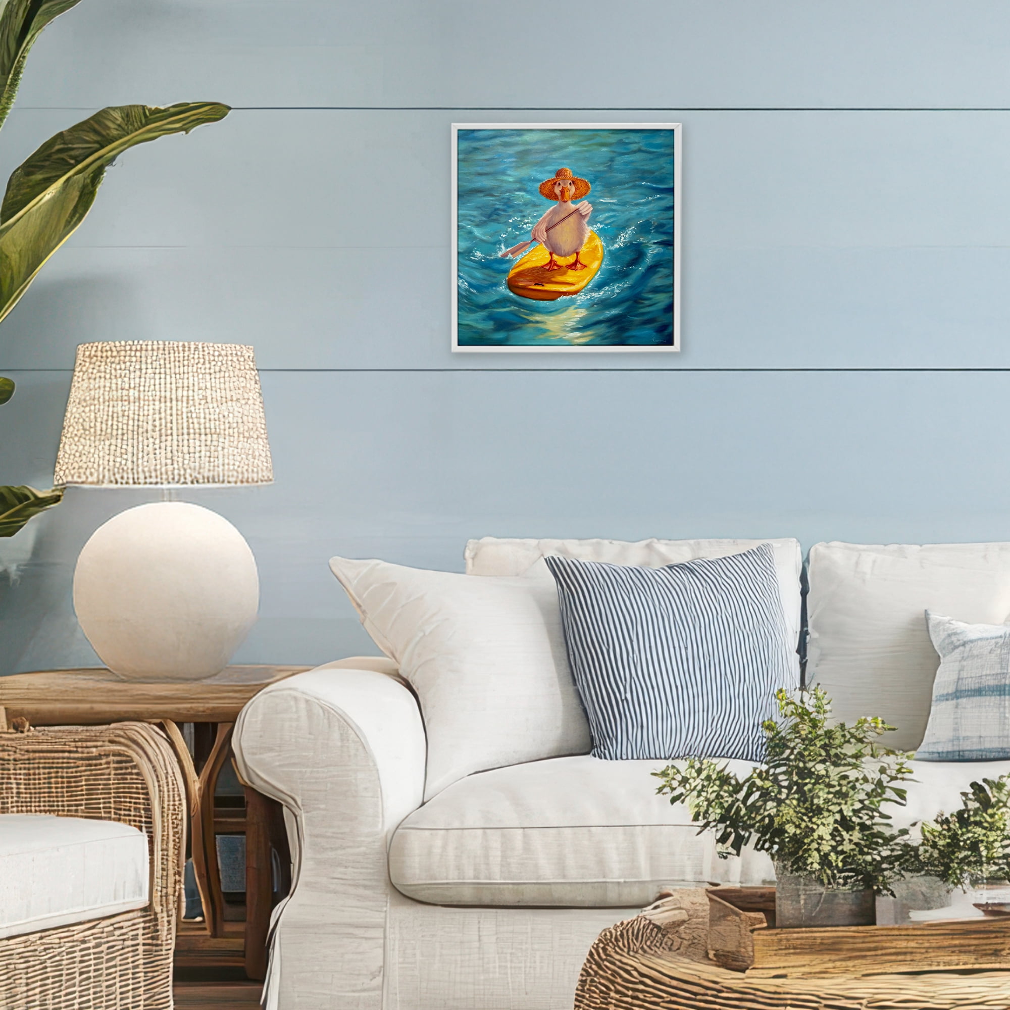 Stupell Industries The Paddler Duck with Straw Hat White Framed Giclee Art, design by Lucia Heffernan