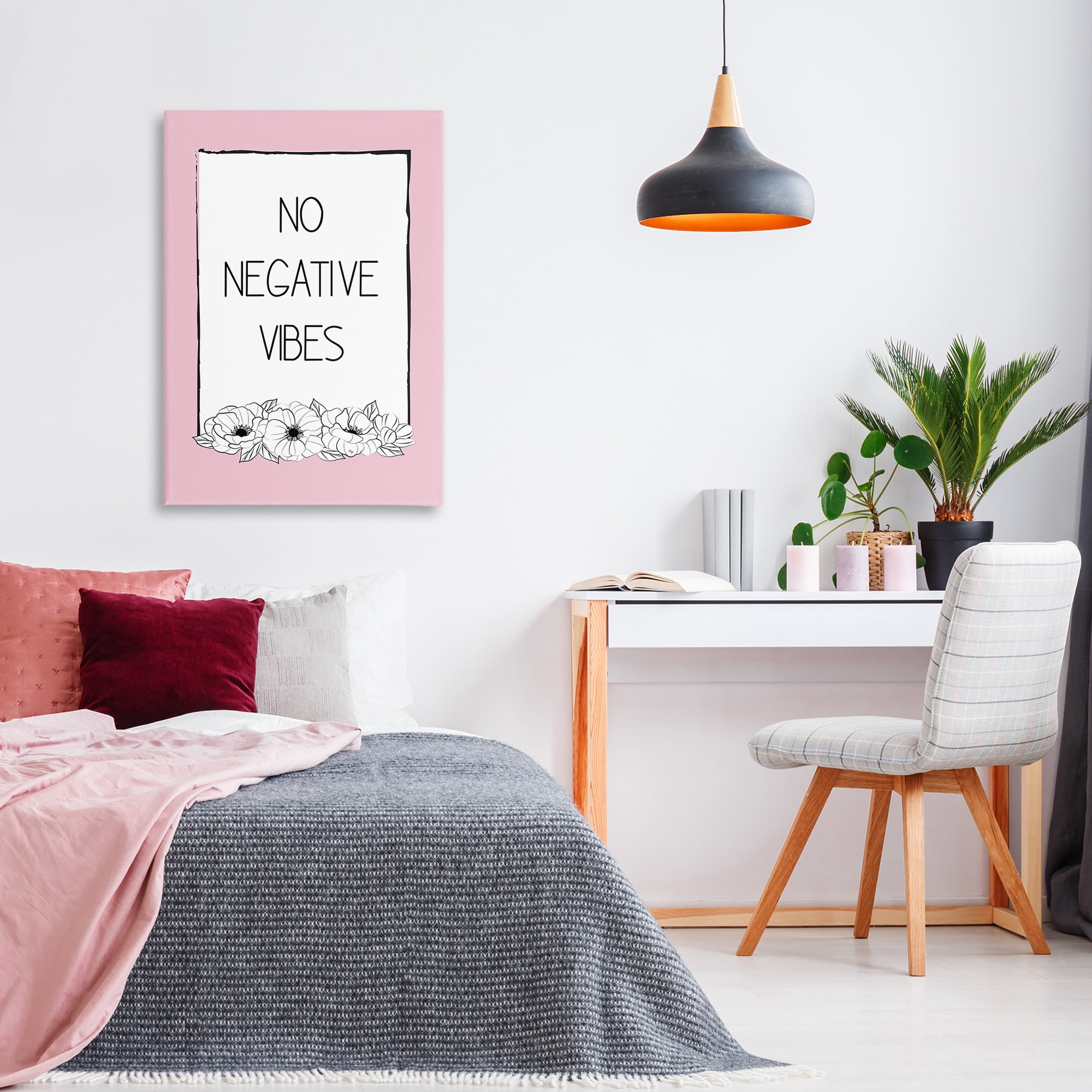 Stupell Industries No Negative Vibes on Pink Plants & Flowers Painting Wrapped Canvas Art Print Wall Art, 24 x 36