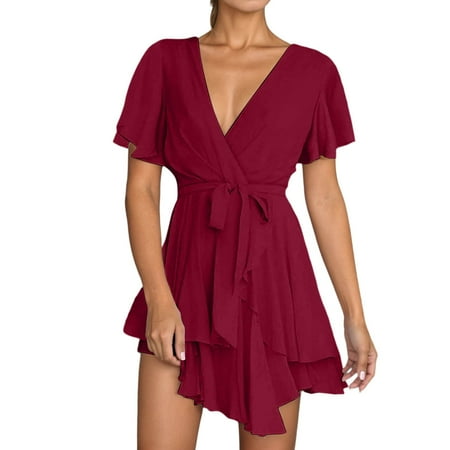 DGMIOCS Women s Short Sleeve Mini Dress with Tie Waisted Flounce Hem for Daily Outings and Events Elegant A-Line Summer Dress for Women’s Casual Wear Wine L