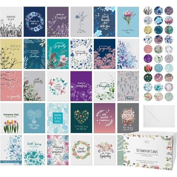 Dessie 30 Sympathy Cards with Unique Designs and Condolence Messages Inside, 4” x 6”