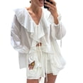 thumbnail image 4 of Women 2 Piece Outfits V Neck Ruffle Tie Front Blouse Tops Lounge Sets White M, 4 of 9