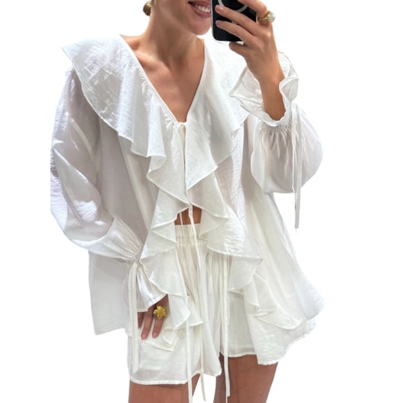 Jaimenalin Women 2 Piece Outfits V Neck Ruffle Tie Front Blouse Tops Lounge Sets White M