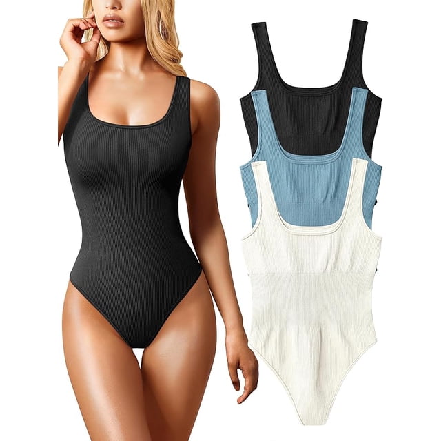 Justaucorps 3 Pcs pour Femmes Aguichant Côtelé Sans Manches à Encolure Carrée Débardeurs Sans Manches Justaucorps