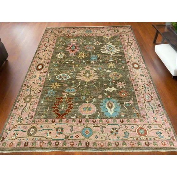Green/Pink Oushak 9X12 Handmade Wool Rug # 12198