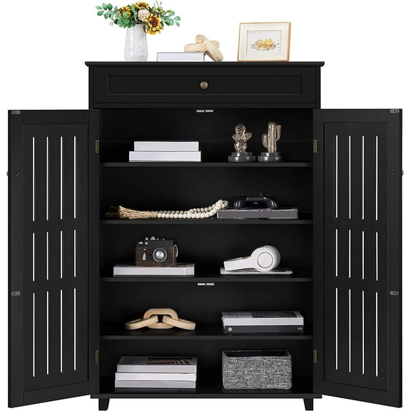 Storage Cabinet Floor Storage Organizer Wooden Cabinet with Drawer 2 Doors for Entryway Living Room Furniture Black