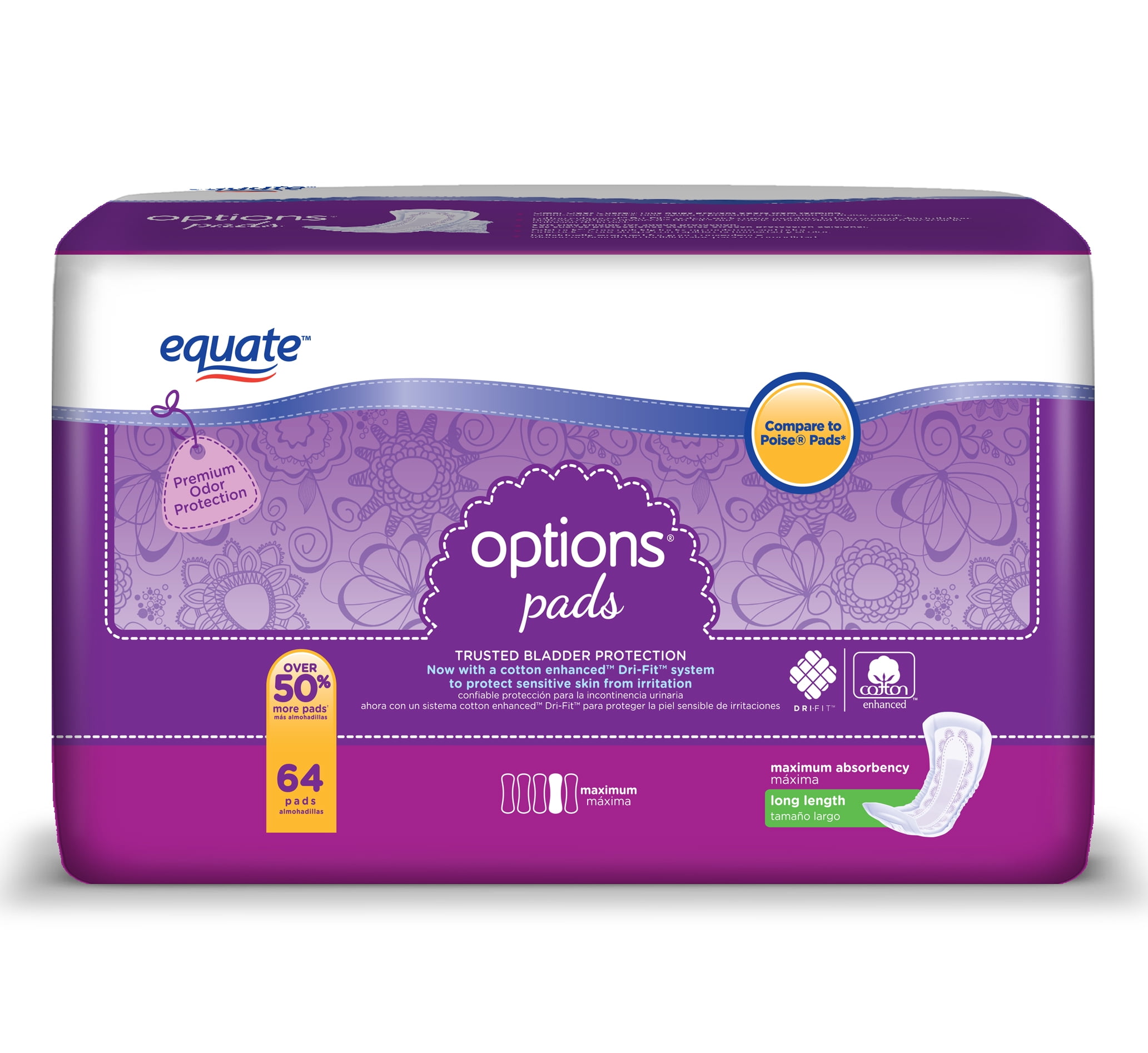 Equate Options Incontinence Pads for Women, Maximum, Long, 64 Ct